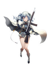 Rule 34 | 1girl, absurdres, age regression, aged down, ajirui, arm up, assault rifle, automatic rifle, blue eyes, blue hair, blush, boots, breasts, buckle, cape, chauchat-ribeyrolles 1918, cuff links, dress, eyebrows, fringe trim, full body, girls&#039; frontline, gloves, gun, highres, holding, holding gun, holding weapon, long hair, long sleeves, looking at viewer, one eye closed, open mouth, ribeyrolles (girls&#039; frontline), ribeyrolles 1918, rifle, short dress, sleeve cuffs, small breasts, smile, solo, star-shaped pupils, star (symbol), symbol-shaped pupils, wavy hair, weapon, white background, white cape, white footwear, white hair, wink