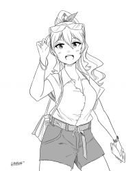 Rule 34 | 1girl, alternate costume, alternate hairstyle, arm up, bag, belt, bracelet, cellphone, eyewear on head, greyscale, hair ribbon, jewelry, kantai collection, kashima (kancolle), long hair, monochrome, open mouth, phone, ponytail, ribbon, shirt, shorts, shoulder bag, signature, simple background, smartphone, solo, sunglasses, sunglasses on head, unbuttoned, wangphing, watch, white background, wristwatch
