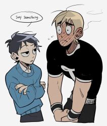 Rule 34 | 2boys, black eyes, black hair, black shirt, blonde hair, blush, closed mouth, commentary, crossed arms, english text, full-face blush, long sleeves, looking at another, male focus, multiple boys, scott pilgrim (series), scott pilgrim takes off, shirt, short hair, short sleeves, simple background, speech bubble, standing, todd ingram, wallace wells, white background, wwwaang4