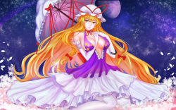 Rule 34 | 1girl, absurdres, alternate costume, between breasts, big hair, bow, breasts, choker, dress, elbow gloves, floating hair, flowing dress (dq), full moon, gloves, hair between eyes, hair bow, hat, hat ribbon, highres, large breasts, layered dress, lips, long hair, looking to the side, mob cap, moon, petals, purple dress, ribbon, ribbon choker, ribbon trim, shiny skin, sitting, sky, smile, solo, space, star (sky), star (symbol), star print, starry sky, touhou, umbrella, very long hair, wariza, white dress, white gloves, white legwear, yakumo yukari, yellow eyes, ytoy