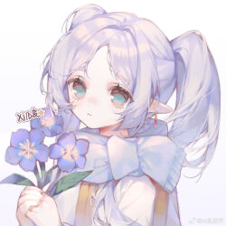 Rule 34 | 1girl, artist name, blue eyes, blue flower, chinese commentary, commentary request, cupping hands, dot nose, dress, drop earrings, earrings, elf, flower, frieren, frown, gold trim, hair intakes, highres, holding, holding flower, jewelry, long hair, looking at viewer, nemophila (flower), own hands together, parted bangs, pink nails, pointy ears, scarf, sidelocks, solo, sousou no frieren, twintails, upper body, weibo logo, weibo watermark, white dress, white scarf, xi guapi