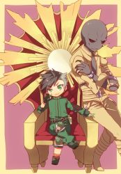 Rule 34 | 2boys, bald, black sclera, brown hair, chibi, colored sclera, colored skin, crossed arms, green eyes, grey skin, jumpsuit, lucifer (megami tensei), multiple boys, nanashi (megami tensei), red eyes, shin megami tensei, shin megami tensei iv, shin megami tensei iv final, shooting428star, sitting, smirk, throne, uneven eyes