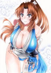 Rule 34 | 1girl, absurdres, bare shoulders, bow, breasts, brown eyes, brown hair, fatal fury, fingerless gloves, gloves, hair bow, highres, huge breasts, japanese clothes, lips, ninja, ponytail, rozarin, shiranui mai, smile, solo, thigh gap, thighs