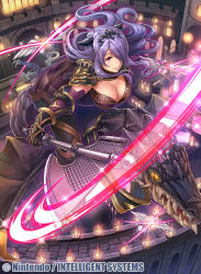 Rule 34 | 1girl, armor, ass, axe, black gloves, breasts, camilla (fire emblem), castle, cleavage, colored sclera, company name, elbow gloves, fire, fire emblem, fire emblem cipher, fire emblem fates, fumi (butakotai), gauntlets, gloves, hair over one eye, holding, holding axe, horns, large breasts, lizard, long hair, nintendo, official art, outdoors, pegasus knight uniform (fire emblem), purple eyes, purple hair, slashing, smile, solo, very long hair, wavy hair, yellow sclera
