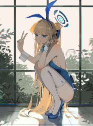 Rule 34 | 1girl, animal ears, aqua bow, aqua bowtie, doodle sensei (blue archive), backlighting, blonde hair, blue archive, blue bow, blue eyes, blue footwear, blue hair, blue leotard, blue nails, bow, bowtie, braid, breasts, closed mouth, commentary, da (datako), detached collar, earpiece, english commentary, fake animal ears, fake tail, french braid, full body, hair bow, half updo, high heels, highres, indoors, leotard, light smile, long hair, medium breasts, multicolored hair, nail polish, official alternate costume, playboy bunny, rabbit ears, rabbit tail, reflective floor, sensei (blue archive), sideboob, solo focus, streaked hair, tail, thighhighs, tile floor, tiles, toki (blue archive), toki (bunny) (blue archive), v, very long hair, white thighhighs, window, wrist cuffs