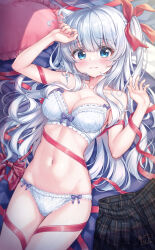 Rule 34 | 1girl, ahoge, arm up, bed sheet, blue eyes, blush, bow, bow bra, bow panties, bowtie, bra, breasts, closed mouth, commentary, cowboy shot, crotch seam, crying, crying with eyes open, frilled bra, frills, from above, frown, hair ribbon, highres, lace, lace-trimmed panties, lace trim, long hair, looking at viewer, lying, mashiro fuuna, medium breasts, navel, on back, on bed, original, panties, pillow, red ribbon, ribbon, skirt, strap slip, sweat, tears, two side up, tyutaka0427, underwear, underwear only, unworn bowtie, unworn skirt, white bra, white hair, white panties