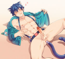 Rule 34 | 1boy, :q, abs, anal, anal object insertion, anal tail, animal ears, anus, aqua coat, aqua headwear, bar censor, belt, blue eyes, blush, bottomless, butt plug, cat ears, censored, clip, coat, ensemble stars!, erection, fake tail, gradient background, heart, highres, male focus, male penetrated, muscular, neko punch, object insertion, penis, pointless censoring, sazanami jun, sex toy, solo, suspenders, tail, testicles, tongue, tongue out, transparent censoring, veins, veiny penis, yellow eyes