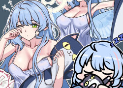 Rule 34 | 1boy, 1girl, blue archive, blue hair, blush, braid, breasts, camisole, cleavage, closed eyes, closed mouth, collarbone, covered erect nipples, doodle sensei (blue archive), green eyes, halo, jazz jack, large breasts, long hair, mine (blue archive), multiple views, one eye closed, pointy ears, sensei (blue archive), stuffed animal, stuffed cat, stuffed toy, twin braids, white camisole, yellow halo