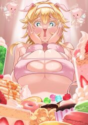Rule 34 | + +, 1girl, absurdres, ahoge, angel, angel wings, animal ears, bare shoulders, blonde hair, blush, breasts, cake, cake slice, candy, cherry, cleavage cutout, clothing cutout, colored eyelashes, colored skin, cup, cupcake, doughnut, eyelashes, food, fruit, green eyes, hair between eyes, hair intakes, hairband, halo, hands on own cheeks, hands on own face, hands up, highres, izumida fuyuki, jeanne (kanan-sama), kanan-sama wa akumade choroi, large breasts, lollipop, macaron, open mouth, pancake, pancake stack, parfait, pig ears, pig girl, pig nose, pig tail, pink skin, raised eyebrows, short hair, sidelocks, skindentation, sparkle, strawberry, strawberry shortcake, sweat, syrup, tail, upper body, whipped cream, white hairband, wings