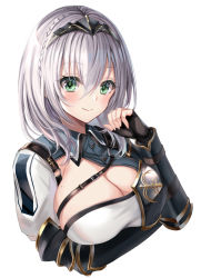 Rule 34 | 1girl, arm guards, asymmetrical clothes, bad id, bad pixiv id, black gloves, black hairband, blush, braid, breast hold, breasts, cleavage, cleavage cutout, closed mouth, clothing cutout, cropped torso, fingerless gloves, gloves, green eyes, hair between eyes, hairband, hand up, harimoji, hololive, large breasts, looking at viewer, mole, mole on breast, shirogane noel, shirogane noel (1st costume), short hair, silver hair, smile, solo, upper body, vambraces, virtual youtuber, wing collar
