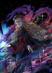 Rule 34 | 1girl, bad id, bad twitter id, black dress, blonde hair, chinese clothes, dress, fox tail, grin, hat, junko (touhou), long hair, long sleeves, looking away, multiple tails, red eyes, smile, solo, sparkle, tabard, tail, touhou, ume (plumblossom), wide sleeves