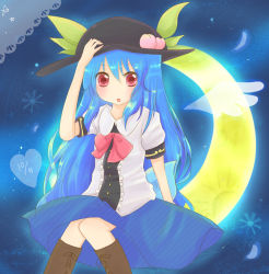 Rule 34 | 1girl, angel wings, blue hair, blush, bow, crescent, cross-laced footwear, detached wings, female focus, food, fruit, hat, heart, highres, hinanawi tenshi, leaf, long hair, open mouth, peach, red eyes, rito (rito07), short sleeves, solo, touhou, very long hair, wings