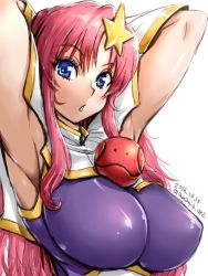 Rule 34 | 1girl, amania orz, armpits, arms behind head, blue eyes, breasts, dated, gloves, gundam, gundam seed, gundam seed destiny, hair ornament, haro, large breasts, long hair, looking at viewer, meer campbell, open mouth, pink hair, simple background, solo, star (symbol), star hair ornament, twitter username, white background, white gloves