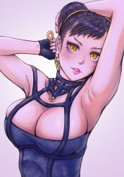 Rule 34 | 1girl, arm up, armpits, black dress, black eyeshadow, black hair, breasts, capcom, chun-li, commentary request, cosplay, dagger, delarocha82, double bun, dress, eyeshadow, gradient background, hair bun, highres, holding, holding dagger, holding knife, holding weapon, knife, large breasts, looking at viewer, makeup, parted lips, pink lips, presenting armpit, purple background, short hair, sleeveless, sleeveless dress, smile, solo, spy x family, stiletto (weapon), street fighter, street fighter 6, teeth, upper body, weapon, yellow eyes, yor briar, yor briar (cosplay)