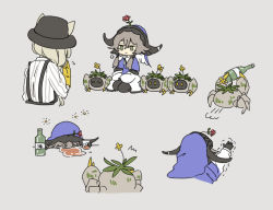 Rule 34 | 2girls, arknights, beanstalk (arknights), black headwear, black legwear, bottle, brown hair, chibi, claws, closed mouth, commentary, cow horns, crab, creature, cup, drunk, ears through headwear, flower, gloves, green eyes, grey background, harami (hara 333), hat, horns, metal crab (arknights), motion lines, multiple girls, off shoulder, outstretched arm, pallas (arknights), pantyhose, purple shirt, red flower, sake bottle, seiza, shirt, short hair with long locks, sidelocks, simple background, sitting, smile, squeans, striped clothes, striped shirt, suspenders, symbol-only commentary, trembling, veil, vertical-striped clothes, vertical-striped shirt, white shirt, yellow gloves