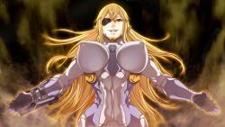 Rule 34 | 1girl, blonde hair, bodysuit, bradyon veda, breasts, breasts apart, claudia vil bohme, clenched teeth, covered erect nipples, covered navel, crossed bangs, eyepatch, female focus, floating hair, from below, game cg, highres, large breasts, long hair, looking at viewer, original, outstretched arms, simple background, solo, standing, teeth, upper body, yellow eyes, zunta