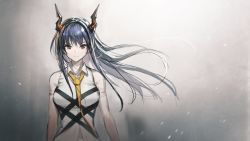Rule 34 | 1girl, arknights, bandages, bandaged arm, bandages, bare shoulders, blue hair, breasts, bruise, ch&#039;en (arknights), collared shirt, dragon horns, floating hair, grey background, hair down, horns, injury, long hair, looking at viewer, medium breasts, necktie, official art, red eyes, shirt, sleeveless, sleeveless shirt, smile, solo, spoilers, upper body, v-shaped eyebrows, white shirt