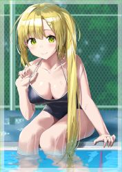 Rule 34 | 1girl, bare shoulders, black one-piece swimsuit, blonde hair, blush, breasts, cleavage, closed mouth, collarbone, competition school swimsuit, dripping, feet out of frame, fence, green eyes, hair ornament, hairclip, hand under clothes, hand under swimsuit, highres, large breasts, leaning forward, long hair, looking at viewer, magia record: mahou shoujo madoka magica gaiden, mahou shoujo madoka magica, noeru, one-piece swimsuit, outdoors, pool, poolside, school swimsuit, side ponytail, sitting, sleeveless, smile, solo, swimsuit, very long hair, water, water drop, wet, yusa hazuki