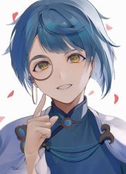 Rule 34 | 1boy, asymmetrical hair, blue hair, chinese clothes, finger to cheek, gem, genshin impact, highres, looking at viewer, male focus, monocle, official alternate costume, petals, portrait, potetwo 2, short hair, smile, white background, xingqiu (aoi no okina) (genshin impact), xingqiu (genshin impact), yellow eyes