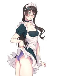 Rule 34 | 1girl, alternate costume, apron, ass, black hair, blush, breasts, choker, clothes lift, commentary request, cowboy shot, dress, dress lift, enmaided, frilled apron, frills, from side, glasses, green eyes, hairband, high heels, highres, kantai collection, lace, lace-trimmed panties, lace trim, legs, long hair, looking at viewer, maid, maid apron, maid headdress, ooyodo (kancolle), panties, puffy sleeves, purple panties, semi-rimless eyewear, side-tie panties, simple background, small breasts, solo, under-rim eyewear, underwear, white background, yuuji (and)