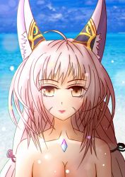 Rule 34 | 1girl, absurdres, animal ears, artist name, artist request, bare shoulders, beach, breasts, cleavage, cloud, crystal, ear covers, facial mark, gem, highres, ilrs (user kzmf4858), jewelry, large breasts, lips, long hair, looking at viewer, low twintails, nia (blade) (xenoblade), nia (xenoblade), nintendo, nude, ocean, ribbon, smile, solo, topless, twintails, upper body, very long hair, water, watermark, xenoblade chronicles (series), xenoblade chronicles 2