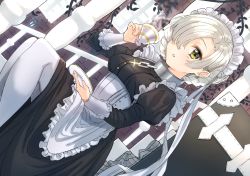 Rule 34 | 1girl, apron, azur lane, black dress, blush, breasts, brick wall, brown eyes, brown hair, chain, collar, commentary request, cup, dress, dutch angle, feet out of frame, frilled apron, frills, hair over one eye, holding, holding cup, holding saucer, juliet sleeves, lamppost, long sleeves, looking at viewer, medium breasts, metal collar, pantyhose, parted lips, pillar, puffy sleeves, railing, saucer, sheffield (azur lane), sitting, sitting on stairs, solo, stairs, suitcase, teacup, tsukiman, waist apron, white apron, white pantyhose, window