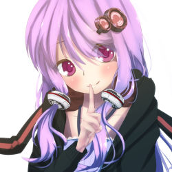 Rule 34 | 1girl, animal hood, blush, rabbit hood, chinomaron, close-up, collarbone, finger to mouth, hair ornament, hood, looking at viewer, low twintails, purple hair, purple shirt, red eyes, shirt, shushing, simple background, smile, solo, twintails, upper body, vocaloid, voiceroid, white background, yuzuki yukari