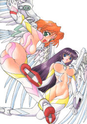 Rule 34 | 2girls, ass, breasts, facial mark, gloves, long hair, mechanical wings, multiple girls, narazu yoshitomo, non-web source, orange hair, red hair, revealing clothes, scan, shoe soles, thighhighs, wings