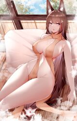 Rule 34 | 1girl, absurdres, amagi (azur lane), animal ear fluff, animal ears, azur lane, breasts, brown hair, commentary, covered erect nipples, feet out of frame, fox ears, highres, indoors, large breasts, long hair, looking to the side, naked scarf, orange scarf, pillow, samip, scarf, sitting, solo, steam, symbol-only commentary, very long hair