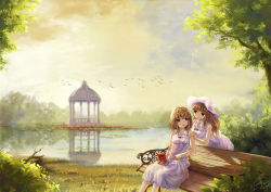 Rule 34 | 2girls, bench, brown hair, hat, long hair, miyai haruki, multiple girls, original, red eyes, wooden bench
