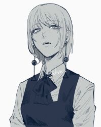 Rule 34 | 1girl, chainsaw man, collared shirt, dress, earrings, fami (chainsaw man), grey hair, highres, jewelry, looking at viewer, multiple moles, open mouth, pinafore dress, ribbon, ringed eyes, shirt, short hair, signature, simple background, sleeveless dress, solo, tassel, tassel earrings, tsuke (task), white background, white shirt
