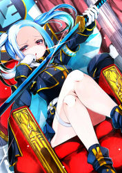 Rule 34 | 1girl, blue hair, bombergirl, buttons, conspirator kid (bombergirl), crossed legs, dutch angle, floating hair, forehead, furrowed brow, glint, gloves, highres, holding, holding sword, holding weapon, katana, light blue hair, long hair, long sleeves, multicolored hair, omochishiki, pink eyes, shinsengumi, sitting, sleeve cuffs, solo, sparkle, split-color hair, sword, thigh strap, turtleneck, twintails, two-tone hair, weapon, white gloves, white hair