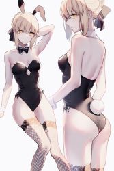 Rule 34 | 1girl, animal ears, arm up, armpits, artoria pendragon (all), artoria pendragon (fate), ass, bare arms, bare shoulders, black bow, black leotard, black neckwear, blonde hair, bow, bowtie, breasts, cleavage, closed mouth, detached collar, fake animal ears, fake tail, fate/grand order, fate (series), fishnet thighhighs, fishnets, hair bow, highres, leotard, looking at viewer, meltymaple, parted lips, playboy bunny, profile, rabbit ears, rabbit tail, saber alter, short hair, sidelocks, simple background, small breasts, strapless, strapless leotard, tail, thigh gap, thighhighs, white background, wrist cuffs, yellow eyes