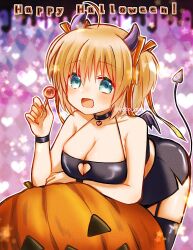 Rule 34 | 1girl, :d, ahoge, alternate costume, aqua eyes, arm support, arm under breasts, bare shoulders, black choker, black skirt, black thighhighs, black wrist cuffs, blonde hair, blush, breasts, candy, choker, cleavage, cleavage cutout, clothing cutout, commentary request, cowboy shot, curvy, demon horns, demon tail, demon wings, eyelashes, fake horns, fake tail, fake wings, fang, fingernails, food, garter straps, hair between eyes, hair ribbon, halloween, halloween costume, halterneck, hand up, happy halloween, heart, heart choker, heart cutout, holding, holding candy, holding food, holding lollipop, horns, jack-o&#039;-lantern, kamikita komari, large breasts, leaning forward, little busters!, lollipop, long fingernails, long ribbon, looking at viewer, medium hair, micchi (koto maple), miniskirt, nail polish, open mouth, pencil skirt, red nails, red ribbon, ribbon, skirt, smile, solo, standing, star (symbol), tail, tareme, thighhighs, twitter username, two side up, wings, wrist cuffs