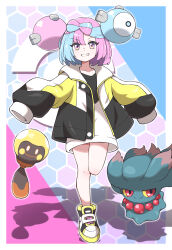 Rule 34 | 1girl, absurdres, alternate costume, alternate hair length, alternate hairstyle, aqua hair, boots, border, character hair ornament, collarbone, commentary request, creatures (company), full body, game freak, gen 2 pokemon, grin, hair ornament, highres, iono (pokemon), jacket, knees, leg up, long shirt, looking at viewer, misdreavus, multicolored hair, nintendo, open clothes, open jacket, oversized clothes, pink hair, pokemon, pokemon (creature), pokemon sv, purple eyes, shabana may, shirt, sleeves past fingers, sleeves past wrists, smile, tadbulb, teeth, two-tone hair, white border, white shirt