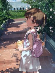 Rule 34 | 1girl, backpack, bag, bottle, bracelet, brown eyes, brown hair, child, dappled sunlight, dress, hair ribbon, holding, jewelry, looking at viewer, looking back, original, outdoors, pink bag, ponytail, ribbon, short hair, solo, soto, stairs, sunlight, water bottle, white dress, yellow ribbon