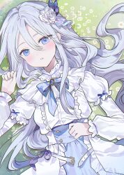 Rule 34 | 0202ase, 1girl, absurdres, blue eyes, blush, center frills, commentary, dress, flower, frilled dress, frills, grey hair, hair between eyes, hair flower, hair ornament, highres, long hair, looking at viewer, lying, meadow, on back, parted lips, project sekai, purple ribbon, ribbon, rose, solo, symbol-only commentary, very long hair, white dress, white flower, white rose, yoisaki kanade