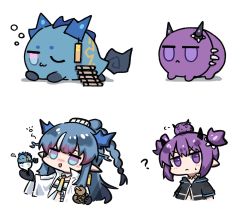 Rule 34 | 2girls, :&lt;, ?, animalization, arknights, arm tattoo, black jacket, black skirt, blue hair, chibi, demon horns, dragon bubble (arknights), dragon horns, ear piercing, highres, holding, horns, jacket, jewelry, jitome, lava (arknights), ling (arknights), mabing, multicolored hair, multiple girls, necklace, necktie, piercing, pointy ears, ponytail, purple hair, shirt, short hair, short twintails, sidelocks, simple background, skirt, squeans, streaked hair, sweatdrop, tattoo, tooth necklace, twintails, upper body, white background, white shirt, yellow necktie