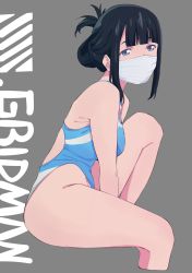 Rule 34 | 1girl, between legs, black hair, blue eyes, blue one-piece swimsuit, breasts, competition swimsuit, cropped legs, from side, grey background, gridman universe, hair up, hand between legs, hassu, highleg, highleg swimsuit, highres, knee up, mask, medium breasts, mouth mask, one-piece swimsuit, saitou kengo, sidelocks, simple background, sitting, solo, ssss.gridman, surgical mask, swimsuit