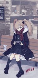 Rule 34 | 1girl, bench, black coat, black dress, black footwear, black socks, buckle, cafe, camera, character name, closed mouth, coat, coffee cup, commentary request, cross, cross necklace, cup, day, disposable cup, dot nose, drawstring, dress, full body, fur-trimmed hood, fur trim, fur trimm, girls&#039; frontline, greek cross, grey hair, hair ornament, hair over one eye, highres, hk21 (girls&#039; frontline), holding, holding camera, hood, hood down, hooded coat, jewelry, kneehighs, knees together feet apart, light smile, long hair, long sleeves, looking at viewer, mary janes, menu board, multicolored clothes, multicolored scarf, muted color, necklace, on bench, open clothes, open coat, outdoors, papaia (quentingqoo), parted bangs, petticoat, plaid, plaid scarf, pleated dress, purple eyes, rimless eyewear, round eyewear, scarf, scenery, shoes, short dress, short eyebrows, sidelocks, sign, sitting, sleeve cuffs, sleeves past wrists, socks, solo, storefront, translation request, twintails, unbuttoned, unzipped, window, winter, winter clothes, winter coat