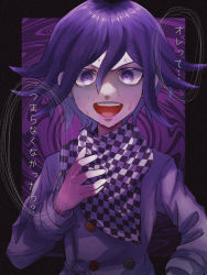 Rule 34 | 1boy, :d, black border, black scarf, blood, blood from mouth, blush, border, buttons, checkered clothes, checkered neckwear, checkered scarf, danganronpa (series), danganronpa v3: killing harmony, double-breasted, flipped hair, grey jacket, hair between eyes, hand up, highres, iwashi (kamekazusa), jacket, long sleeves, looking at viewer, open mouth, oma kokichi, pink blood, purple background, purple eyes, purple hair, scarf, smile, solo, sweat, teeth, upper body, upper teeth only, v-shaped eyebrows, white scarf