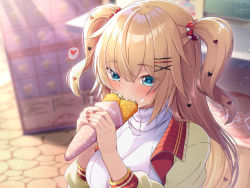 Rule 34 | 1girl, akai haato, blonde hair, blue eyes, blush, breasts, cobblestone, commentary request, crepe, eating, food, food on face, hair between eyes, hair ornament, hairclip, hands up, heart, heart-shaped pupils, heart hair ornament, highres, holding, holding food, hololive, jacket, lens flare, long hair, long sleeves, looking at viewer, magowasabi, nail polish, open clothes, open jacket, red nails, signature, solo, spoken heart, sweater, symbol-shaped pupils, translation request, turtleneck, turtleneck sweater, twitter username, two-handed, two side up, upper body, virtual youtuber, white sweater, yellow jacket