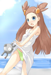 Rule 34 | 00s, 1990s (style), 1girl, bad id, bad pixiv id, blue eyes, blush, bow, brown hair, clothes lift, creatures (company), dress, dress bow, embarrassed, game freak, gen 1 pokemon, green panties, gym leader, jasmine (pokemon), kuro (be ok), long hair, magnemite, nintendo, open mouth, panties, pokemon, pokemon (creature), pokemon dppt, pokemon gsc, retro artstyle, skirt, skirt lift, twintails, two side up, underwear, upskirt, white dress
