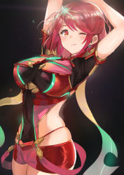 Rule 34 | 1girl, arms up, black background, blush, breasts, closed mouth, commentary request, covered navel, earrings, glowing, groin, hair between eyes, headpiece, highres, jewelry, large breasts, looking at viewer, nintendo, one eye closed, orange eyes, ormille, pyra (xenoblade), red hair, red shorts, short hair, shorts, simple background, skindentation, smile, solo, standing, swept bangs, tiara, xenoblade chronicles (series), xenoblade chronicles 2