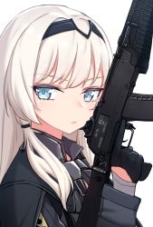 Rule 34 | 1girl, an-94 (girls&#039; frontline), blue eyes, girls&#039; frontline, gloves, gun, looking at viewer, low twintails, narynn, simple background, solo, twintails, weapon, white background, white hair