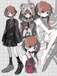 Rule 34 | 1girl, absurdres, angry, arms at sides, asagina gi, ascot, barefoot, black footwear, black jacket, black skirt, black socks, blazer, blush, brown eyes, brown hair, collared shirt, commentary, cropped torso, empty eyes, expressionless, full body, grey background, hair ornament, highres, iwakura lain, jacket, loafers, looking at viewer, multiple views, open mouth, parted lips, pleated skirt, red ascot, red shirt, school uniform, serial experiments lain, shaded face, shirt, shoes, short hair, simple background, single sidelock, skirt, socks, symbol-shaped pupils, tank top, white shirt, wire, x hair ornament