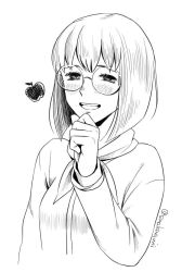 Rule 34 | 1girl, apple, apple (suikoden), blush, breasts, food, fruit, gensou suikoden, gensou suikoden ii, glasses, greyscale, half-closed eyes, hand on own chin, monochrome, open mouth, sakai (motomei), short hair, simple background, smile, solo, twitter username, white background