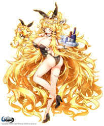 Rule 34 | 1girl, absurdly long hair, alcohol, animal ears, ass, bad id, bad pixiv id, blonde hair, bottle, breasts, brooch, cup, detached collar, drinking glass, fake animal ears, heart, highres, huge breasts, jewelry, long hair, name tag, original, playboy bunny, poseich, rabbit ears, rabbit tail, tail, tiger, tray, unleashed, very long hair, wine, wine glass, wrist cuffs, yellow eyes