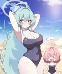 Rule 34 | 2girls, abydos high school swimsuit, ahoge, armpits, arms behind head, bare arms, bare legs, bare shoulders, black one-piece swimsuit, blue archive, blush, breast envy, breasts, cleavage, closed mouth, day, desert, fuyu no usagi, green hair, hair between eyes, halo, highres, hoshino (blue archive), hoshino (young) (blue archive), huge ahoge, huge breasts, long hair, multiple girls, one-piece swimsuit, open mouth, outdoors, pink hair, pink halo, school swimsuit, short hair, small breasts, swimsuit, yellow eyes, yume (blue archive)