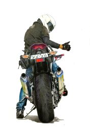 Rule 34 | 1boy, black gloves, black jacket, blue pants, denim, exhaust pipe, from behind, gloves, helmet, highres, jacket, jeans, leather, leather jacket, license plate, making-of available, male focus, motor vehicle, motorcycle, motorcycle helmet, original, pants, photo-referenced, realistic, solo, thumbs up, traditional media, white background, white headwear, yur!